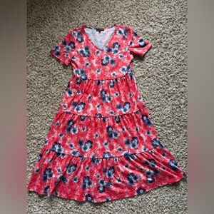 Berydress Elegant Floral Red and Blue Midi Dress